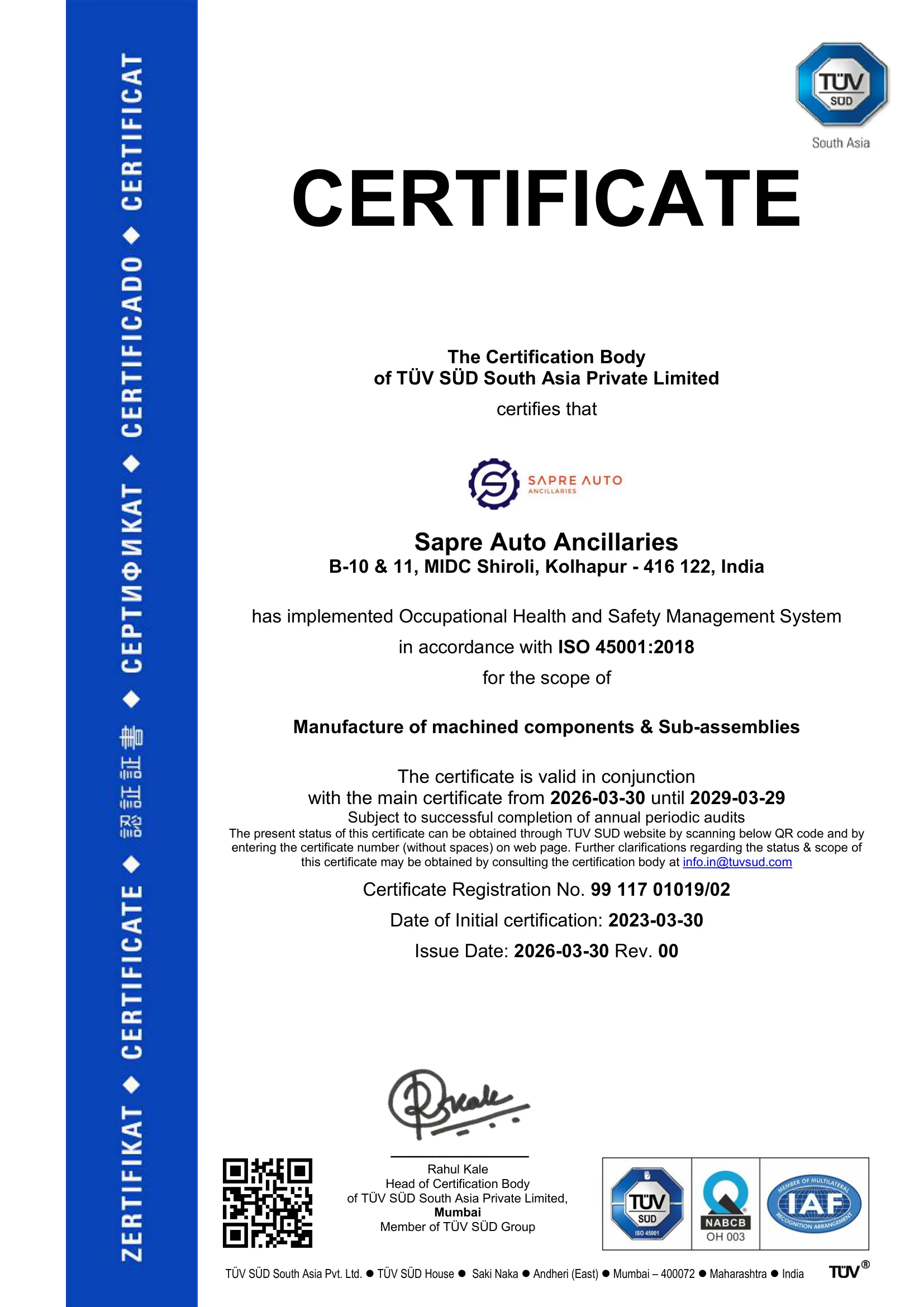 ISO 45001:2018 — Occupational Health & Safety Management System certificate
